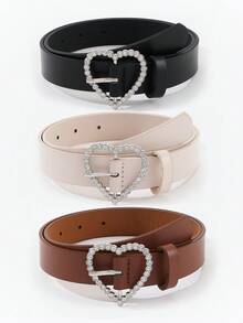 3pcs Heart-Shaped Rhinestone Buckle Leather Belt For Women Summer, School Fall, Autumn, Halloween - Multicolor - View 10