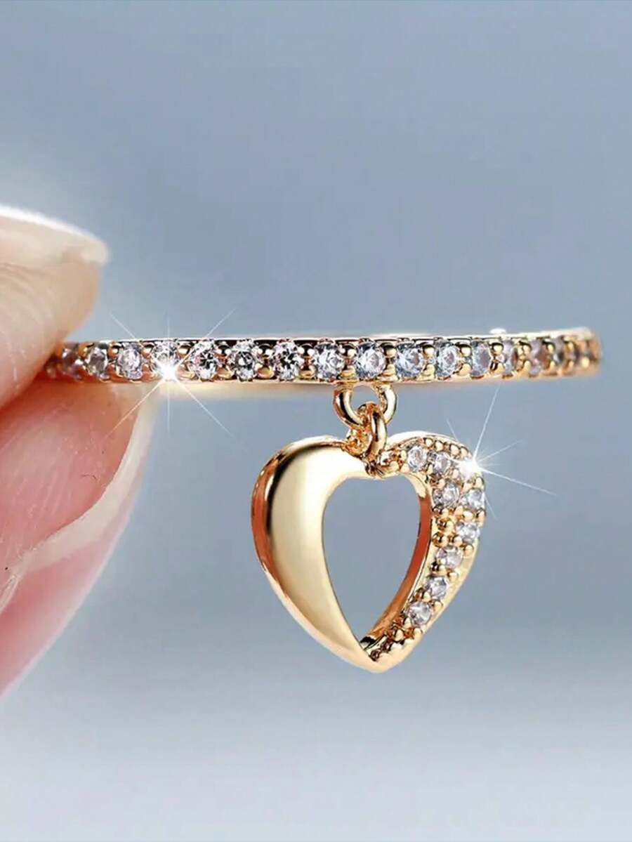 1pc Bohemian Style Gold & Silver Engagement Ring, Charming Cubic Zirconia Wedding Band Ring, Hollow Heart Pendant Necklace Suitable For Men & Women, Elegant Gift For Halloween, Christmas, Teacher's Day, Birthday - Multicolor - View 1