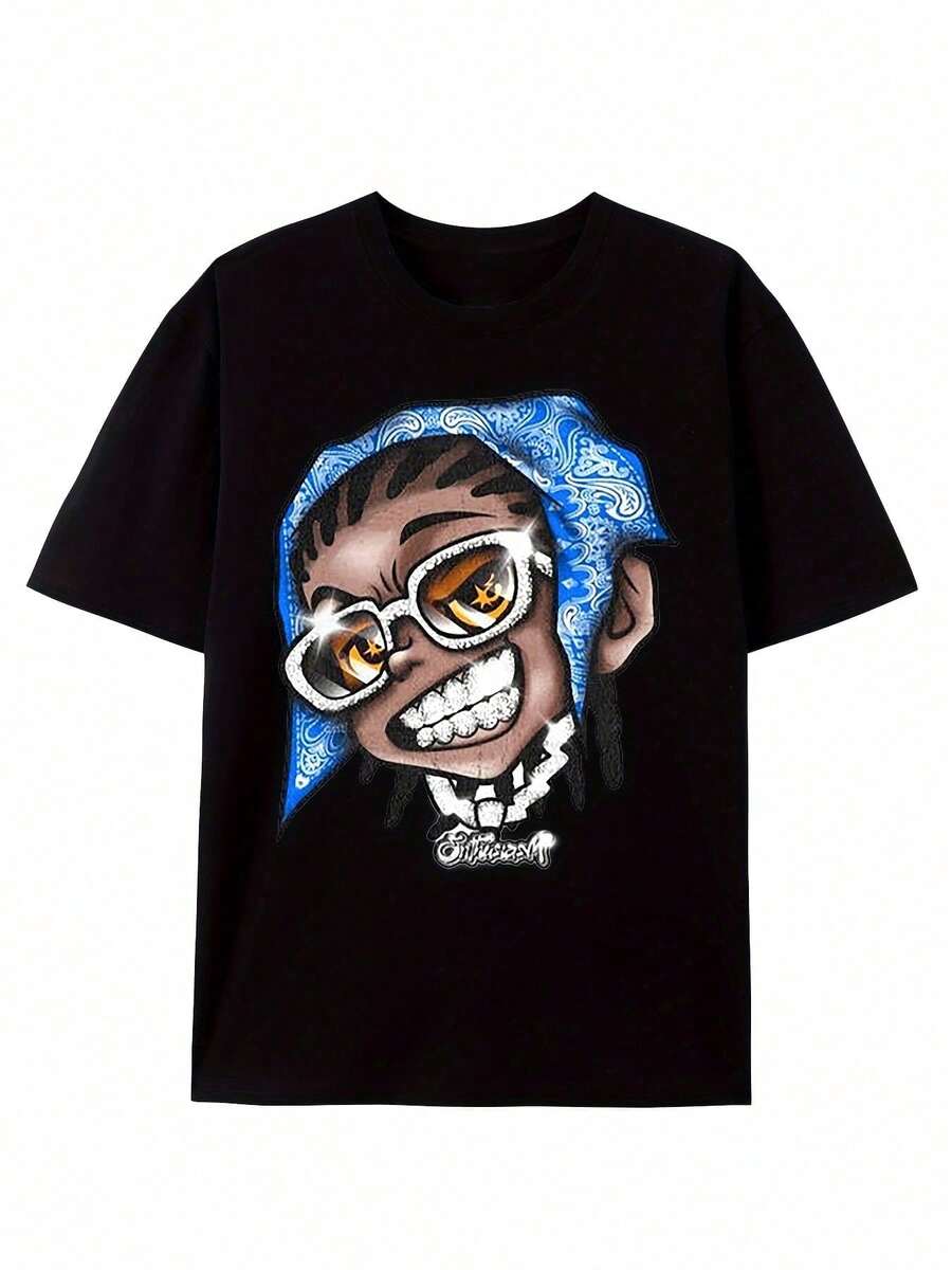 220g 100% Algodón Camiseta de Manga Corta con Estampado Gráfico Retro Hip-Hop para Hombre - Alta Calidad, Cómoda, Suave, Transpirable y Versátil Top de Verano - Negro - Ver 1