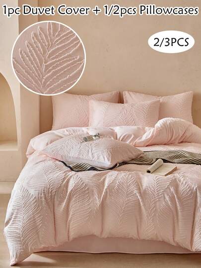 2/3件套粉色树叶图案簇绒涤纶被套套装，现代时尚可爱儿童床上用品套装，四季皆宜，青少年被套套装，柔软透气，可机洗，（1个被套+1/2个枕套）