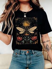 大码蜜蜂衬衫，复古塔罗牌图案，花卉蜜蜂田园风美学T恤，轻薄学院风服饰，送给自然爱好者的礼物，休闲黑色夏季款 - 黑色 - 查看 3