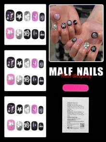 30片短椭圆形按压式假指甲，银色星星3D珠子图案设计，哥特朋克风格，亮面全覆盖，适合男士男孩日常佩戴。 - 彩色 - 查看 2