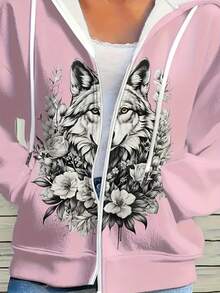 Women's Plus Size Full-Body 3D White Tiger Print Hooded Jacket With Zipper - Stretchy Wild & Animal Costume For Spring/Fall, Casual Outerwear (Machine Washable) - Hooded Zipper For Easy Wear - 桃 - 查看 4