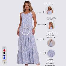 Women's Long Viscose Dress With Adjustable Straps - Blue and White - View 8