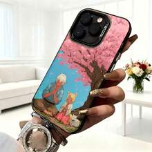 Cubierta de telefono con diseño de flores de cerezo y personajes anime rosa para iPhone 14 Pro Max funda protectora con ilustracion de pareja bajo arbol en flor ideal para uso diario en cafeterias y salas de estar - Negro - Ver 6