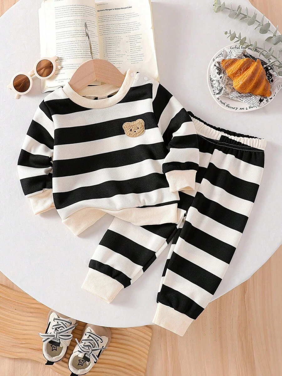 2pcs/Set Newborn Baby Boys' Black & White Striped Long Sleeve Crew Neck Top And Casual Pants Outfit, Spring/Autumn - Black and White - View 1