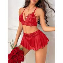 Sexy Lingerie For Women Naughty 3 Piece Lace Bralette, Mini Skirt With G-String Crotchless Lingerie Outfits,31376163 - 紅色 - 查看 5