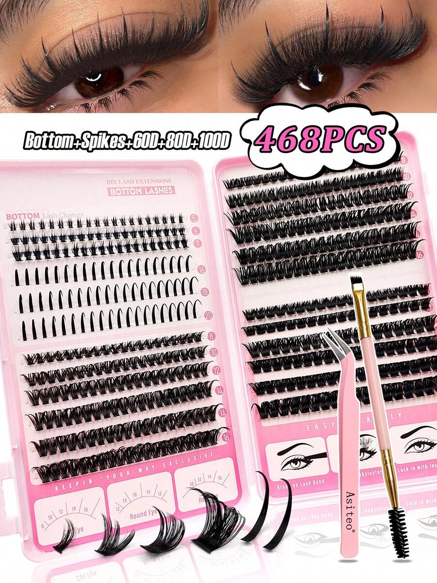 Asiteo 468pcs D Curl Spikes Lash & Bottom Lashes Individuals Eyelash Clusters Thick Fluffy 60D/80D/100D Lash Clusters Kit With Tweezers, Eye Brush, Multi-Style Lash Clusters Spike Lashes DIY Eyelash Extension At Home - D - Xem 1