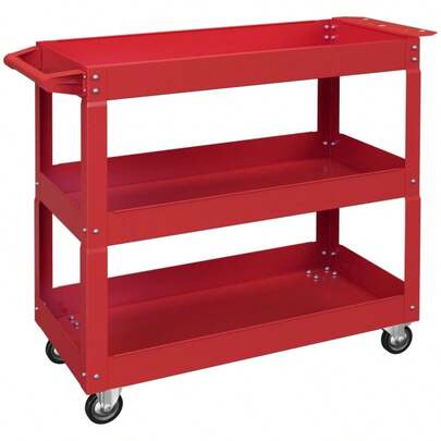DURHAND 3-Tier Tool Trolley, 4 Wheels, Steel, 83W X 35 X 76H, Red (On Site)