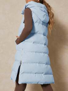Women's Long Sleeveless Hooded Puffer Vest - Warm Insulated | Hooded Design, Double Closure (Zipper + Buttons), Side Split Zipper, Hand Pockets, Quilted Fabric - New Year Daily & Outdoor Outings, Fall Winter Layering Wear - 藍色 - 查看 3
