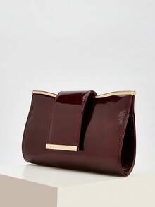 绗缝翻盖PU纯色信封包，时尚亮色派对手拿包，激光亮色链条单肩包，光泽晚宴迷你方包，适合女士约会、派对、宴会等场合 - 酒紅色 - 查看 3