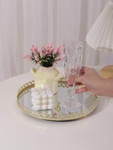 1pc Iron Art Gold/Silver Crown Edged Mirror Tray, European Style Glass Vanity Tray For Home Living Room Coffee Table, Luxury Feeling Tea Cup Plate Jewelry Cosmetic Storage Tray, Home Decor Bathroom Bedroom Candle Holder Tray ,Room Decor - Multicolor - View 5
