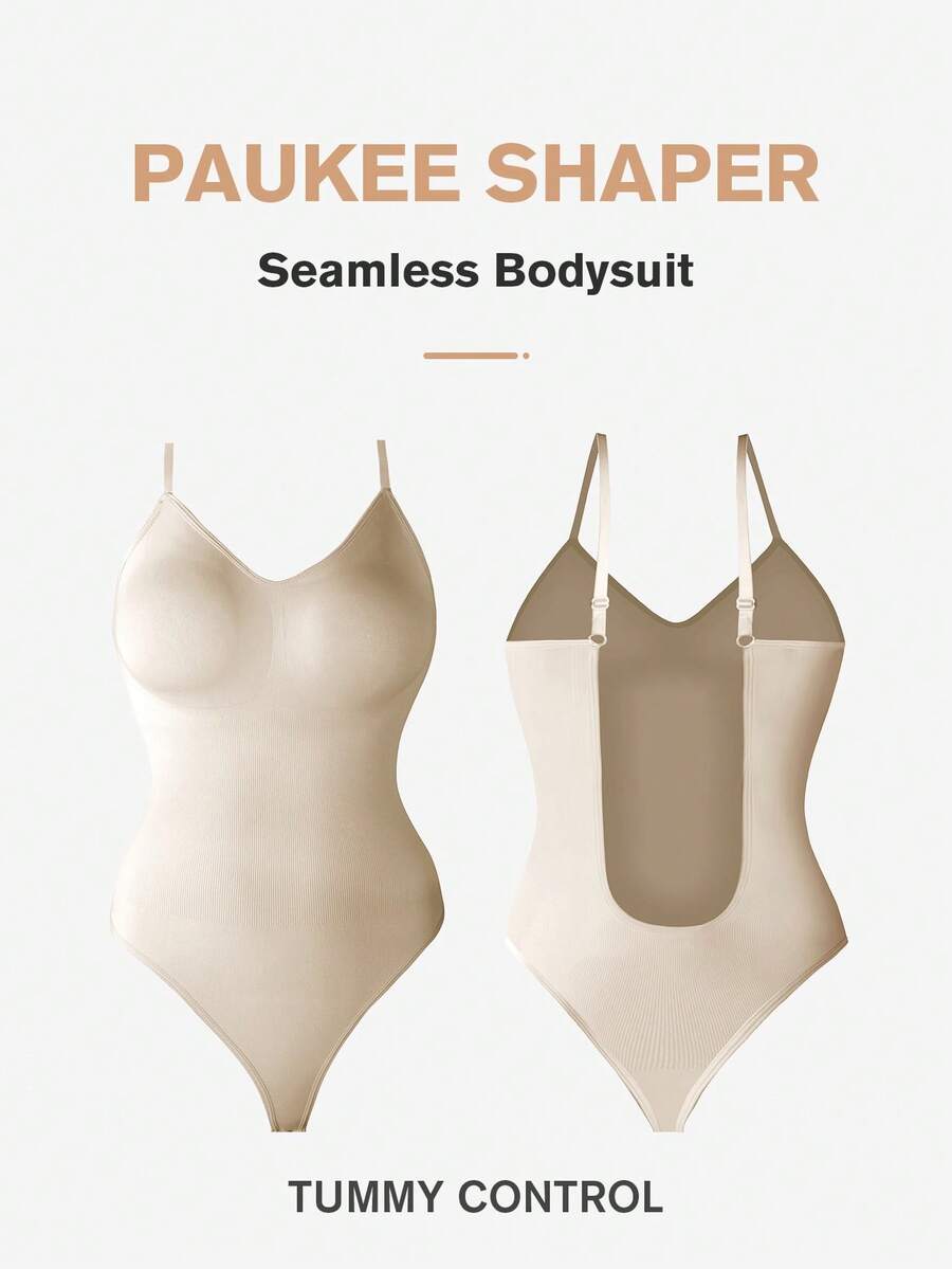 1pc Plus Size Women Slimming Backless Seamless Bodysuit, Sexy One-Piece Lingerie Shapewear For Summer, Under Dress - Apricot - View 1