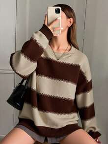 Livesso 女士条纹宽松长袖圆领毛衣，长袖上衣，秋季女装 - 棕色 - 查看 5