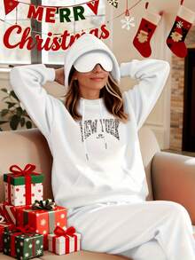 Christmas And Thanksgiving Women's Autumn/Winter Collection New York Leopard Print Fashion Statement - Women's 35% Cotton Eye Mask Hooded Sweatshirt Long Sleeve Letter Print Drawstring Hoodie - Soft, Casual, Long Sleeve, Kangaroo Pocket, Loose Fit Women's Sweatshirt - Fashionable Clothing, Machine Washable, Autumn And Winter Fleece Warm Lining Soft And Comfortable Autumn And Winter Women's Clothing - 白色 - 查看 2