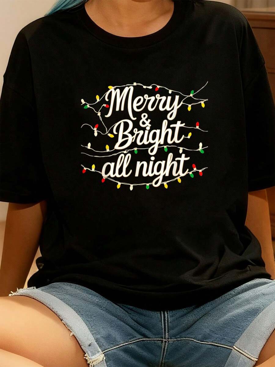 Fröhlich und Hell die ganze Nacht Lustiges Weihnachts-T-Shirt Grafik-T-Shirts Frauen Crop Tops Sommeroutfits für Frauen Sommeroberteile T-Shirt - Schwarz - Übersicht 1