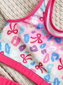 Young Girl Summer Beach Vacation Leopard Print Bow Ombre Print Contrast Binding Bikini Set - Multicolor - View 4