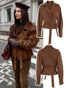 Damen Herbst/Winter Französisch Wildleder Fleece Kragen Lässige Doppelreiher Jacke mit Bindegürtel, Mode Neue Matt Fleece Schlank Passform Elegant Retro Mantel, Ausgeh Oberteile für Damen - Braun - Übersicht 2