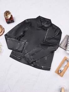 Apperloth A Zip Up PU Leather Biker Jacket - Black - View 8