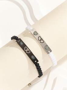 ATLVXJL 2pcs/Set Glow-In-The-Dark Couple/Friendship Stainless Steel Double Heart Pendant Adjustable Rope Bracelet Set, Suitable For Daily Wear And Valentine's Day Gift