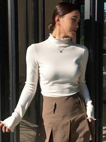 Livesso 纯色高领长袖女式上衣 - 杏色 - 查看 6