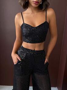 Women's 2 Pieces Sequin Party Set – Sparkly Spaghetti Strap Crop Top & High-Waisted Wide-Leg Sheer Sequin Pants - Black - View 6