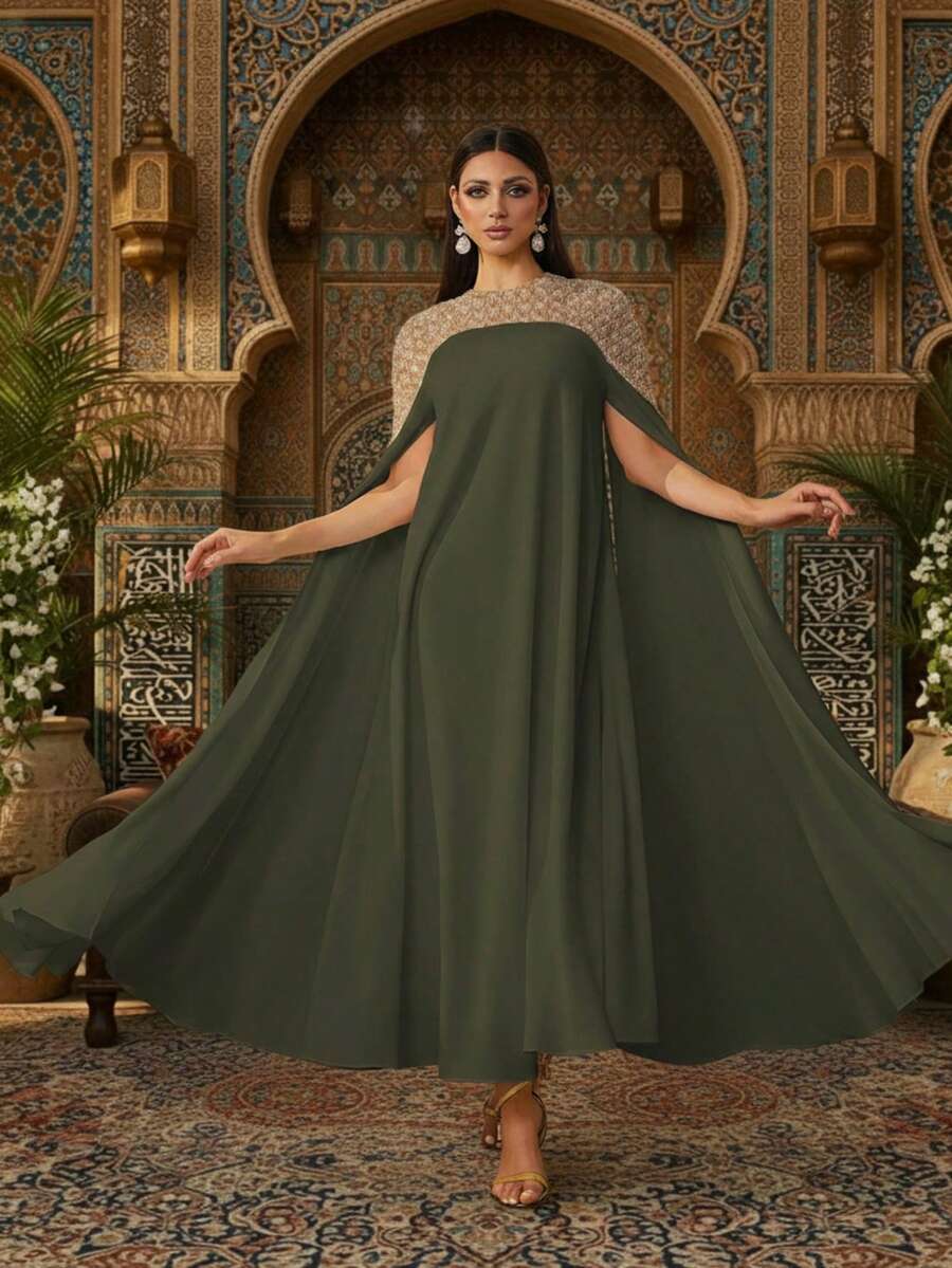 Váy Kaftan dài tay thanh lịch với họa tiết đính cườm nặng, váy Abaya dài sang trọng dành cho nữ, váy kín đáo, váy Ả Rập dành cho nữ - xanh quân đội - Xem 1