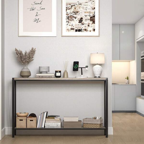 Hodeffior 110CM/43" Narrow Console Table With With Metal Frame, 2-Tier Industrial Entryway Table With Storage, Long Sofa Table Shelf For Living Room, Hallway, Foyer, Office, And Corridor, Grey