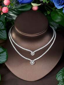 1 Bộ trang sức mặt dây chuyền vuông Cubic Zirconia thanh lịch, phù hợp với trang phục nữ - Bạc - Xem 6