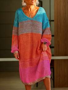 秋季女士休闲针织中长款毛衣连衣裙 - 撞色设计，宽松版型，秋冬校园风可爱上衣，复古街头风女装，教师装