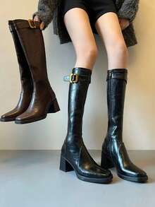 女士性感高跟过膝长靴，搭扣方头修身骑马靴，秋冬款 - 棕色 - 查看 5
