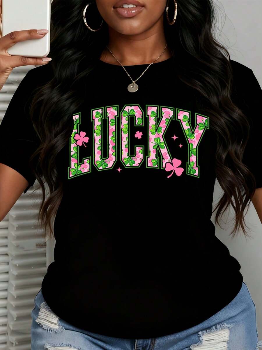 Women's Lucky T-Shirt With Pink Clover And Flower Print For St Patrick's Day Celebration - màu đen - Xem 1