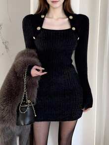 Alicedudu 女士秋冬优雅修身毛衣裙 - 黑色 - 查看 4