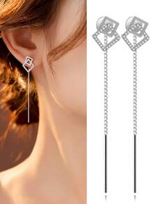 1对银色几何水钻耳环，简约长流苏耳环，独特设计配饰 - 銀色 - 查看 2