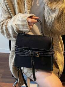 Túi xách vuông nữ, thời trang tối giản cổ điển thanh lịch da PU mờ, thích hợp đeo vai, phù hợp với phụ nữ, trẻ em gái, sinh viên đại học, thích hợp để mua sắm, đi làm, màu đen - Xem 2