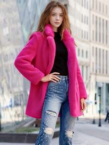 FHILLINUO Casaco de Faux Fur Rosa Brilhante Feminino, Manga Longa com Gola Lapela, Comprimento na Coxa, com Bolsos, Tecido Não Elástico, Quente para o Inverno, Adequado para Natal, Ano Novo e Outras Ocasiões - Pink - Visão 3