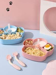 Set De 8 Piezas Juego De Cuchara y Tenedor De Silicona Para Bebé, Adecuado Para Bebés y Niños Pequeños, Hecho De Silicona, Diseño Dividido, Cuchara y Tenedor De Mango De Madera, Plato De Silicona Para Niños Apto Para Microondas y Lavavajillas, Regalo Para Niños - Rosa - Ver 4