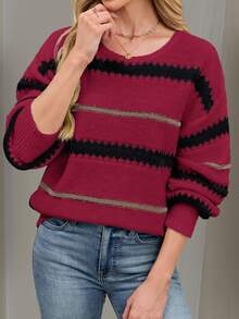 Women's Casual Striped Drop Shoulder Loose Pullover Long Sleeve Sweater Top, Red - Multicolor - View 3