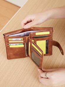 MIYIN Cartera vintage con cierre de botón, estilo casual de negocios con múltiples ranuras para tarjetas, monedero portátil de diseño plegable triple, cartera con cremallera de estilo retro, cartera de mujer con cierre de botón elegante para salidas diarias y compras, cartera, monedero pequeño, cartera con estampado de leopardo - Marrón - Ver 4