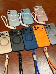 时尚磁吸磨砂腕带手机壳，兼容 17 Pro Max、17 Pro、17 Air、17、16、15、14 Plus、13、12、11 Pro Max，玻璃镜片，支持无线充电 - 黑色+繩 - 查看 3