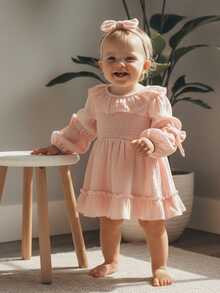 1M-18M Baby Girl Fall Outfits Decorative Bow Ruffled Trim Solid Color Long Sleeve Romper Dress And Bow Headband 2 Pcs Set - 粉色 - 查看 6