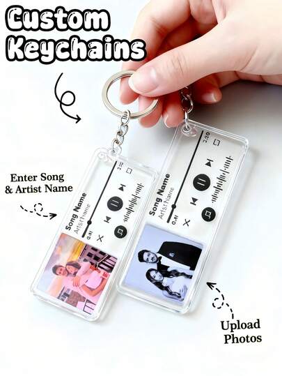 1/3/5pcs Customized Acrylic Music Player Keychain, Can Personalize With Photo And Text, Size 7x3cm, Suitable For Couples, Family And Friends, Holiday Gifts, Stainless Steel Material, Can Be Engraved, Durable, Cute, Playful, Fun, Fashionable, Casual, Customizable, Personalized, Unique, Ideal Gift For Him, Her, Family, Grandparents, Kids, Boyfriend, Customized Photo Keychain, Acrylic Keychain, Personalized Keychain