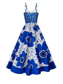 Elegant Women's Midi Dress With Sleeveless Spaghetti Straps, Featuring Blue Floral And Polka Dot Print, Backless A-Line Style - Màu xanh lam - Xem 2