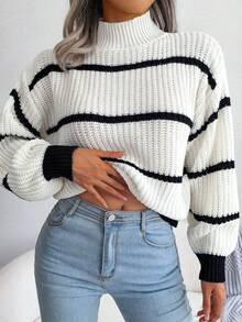 Casual Striped Lantern Sleeve Half High Neck Knitted Sweater Mujer Nuevo jersey de punto con cuello medio alto, estilo europeo y americano, para mujer, prenda exterior, a rayas, colores contrastados, moderno, cálido, cómodo, holgado, cuello alto. - Blanco - Ver 4