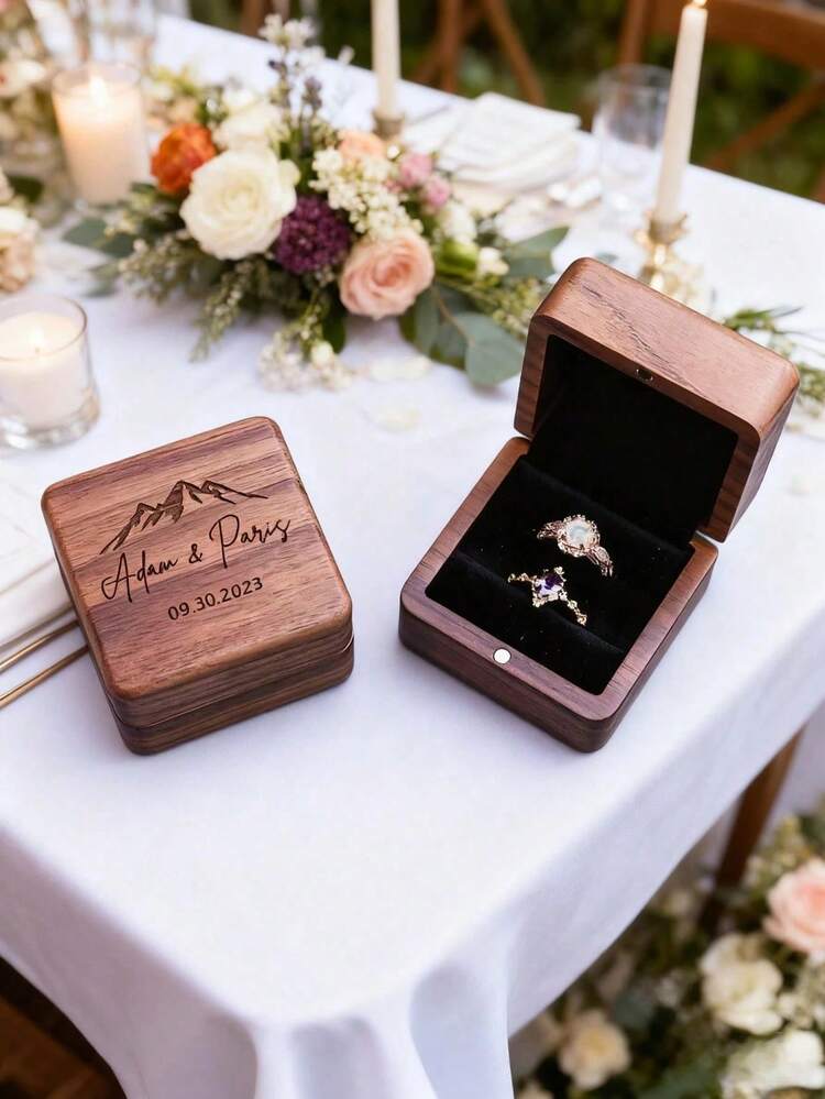 1 pieza Caja personalizada para anillos con 2 ranuras, Caja de anillos cuadrada de nogal, Caja personalizada para anillos de boda, Caja de anillos de compromiso tallada, Para anillos de boda, Caja de anillos de madera con grabado láser para propuesta, compromiso, aniversario, San Valentín, cumpleaños - Multicolor - Añade 9