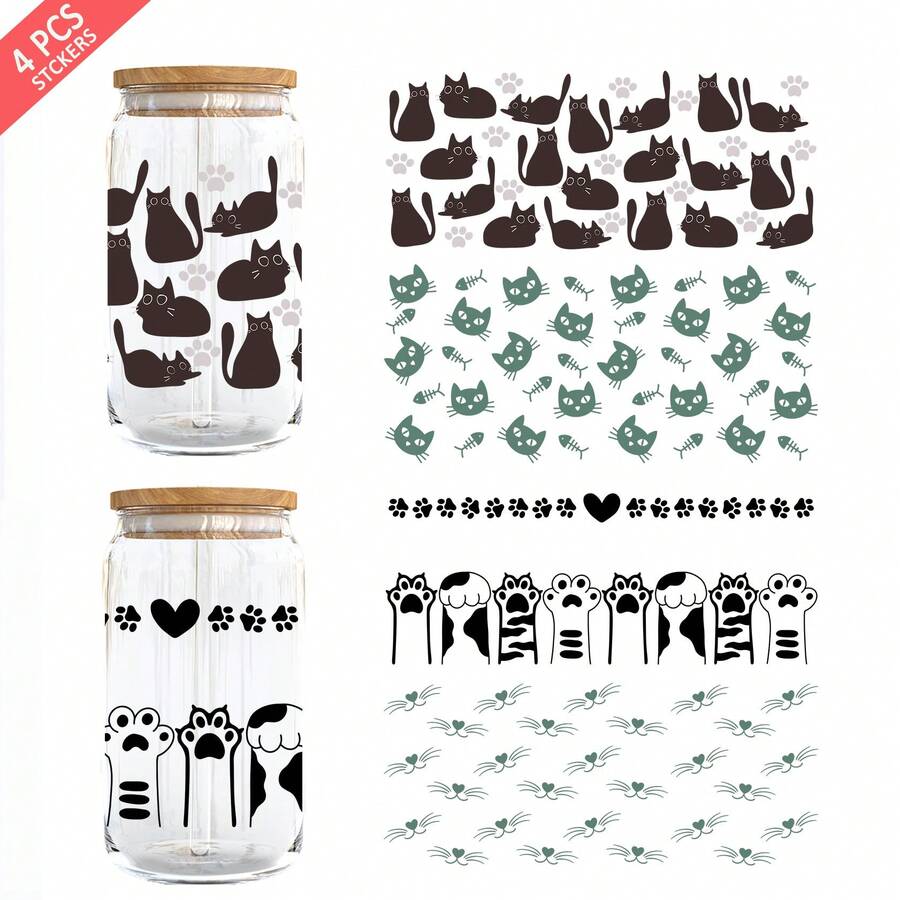 4片装可爱猫咪UV立体转印贴纸，适用于16盎司利比玻璃杯 - 防水3D水晶转印贴纸，可用于DIY手工制作、马克杯、笔记本电脑等 - 多色-款式1 - 查看 1