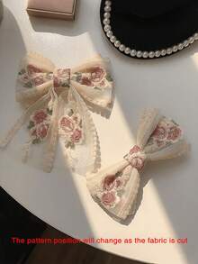 2个/1个象牙色蕾丝刺绣玫瑰花蝴蝶结发夹，长丝带弹簧夹头饰，适合马尾辫、高马尾辫，母亲节、返校季、复活节、节日、女士日常发饰、发夹 - 多色-米白 - 查看 9