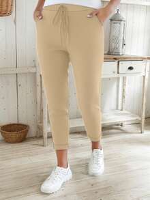 大码女式弹力腰抽绳裤，多种颜色可选，高弹力，休闲运动风，适合朋友聚会、短途旅行、散步和春季健身热身。 - 杏色 - 查看 5