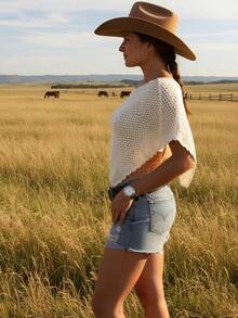 大码女装大码夏季休闲纯色吉祥字母图案蝙蝠袖毛衣上衣网眼镂空度假沙滩不对称下摆针织上衣女度假