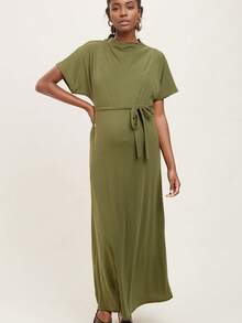 Maternity Elegant Casual Solid Color Knit Fabric Belt Short Sleeve Formal Evening Dress, Spring/Summer - Army Green - View 2